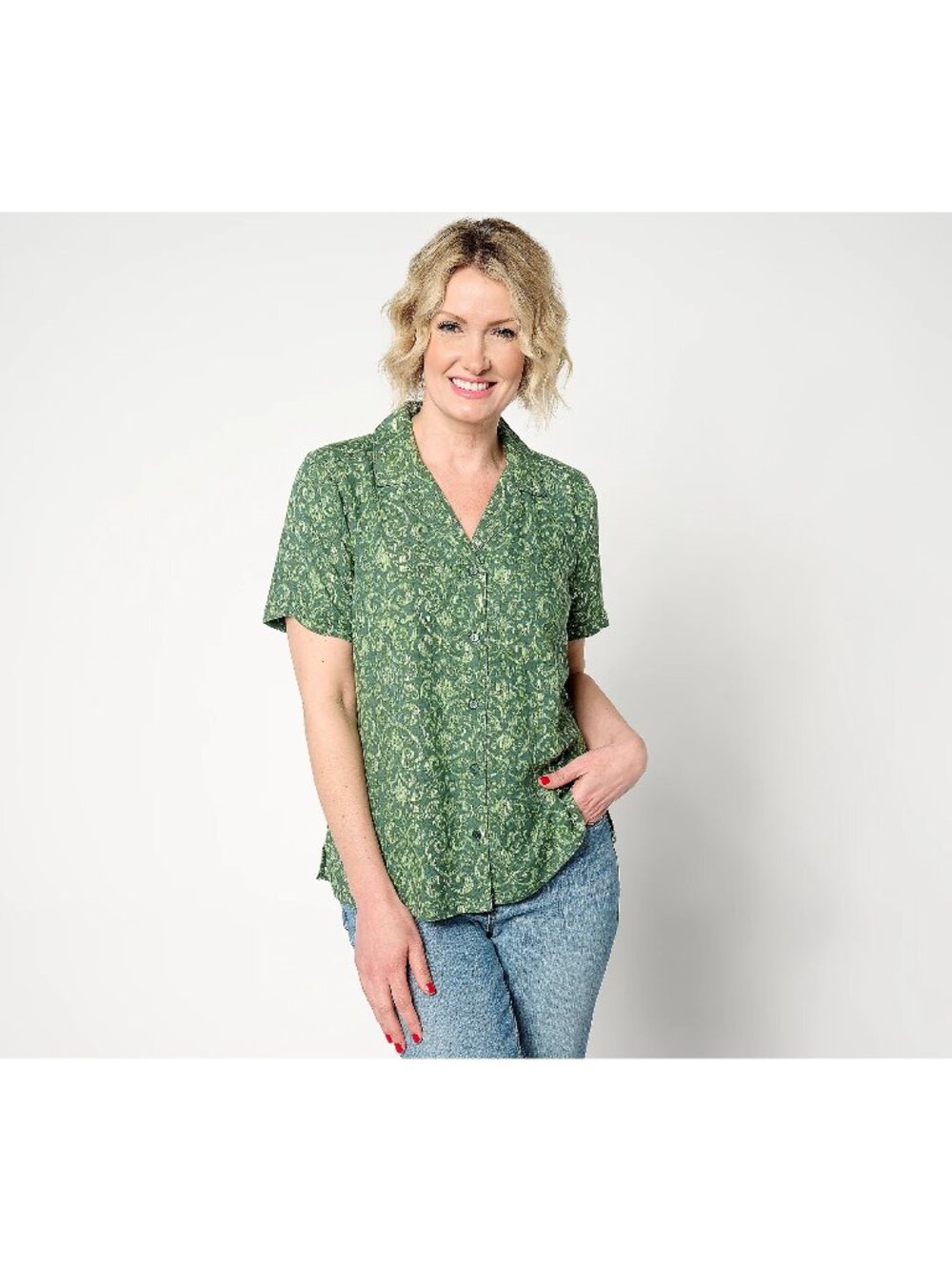 Denim and Co Printed Button-Front Shirt with Side Slits Womens XS Spruce Green N